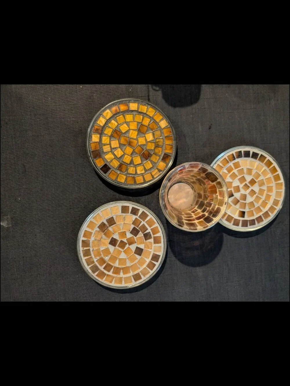 Vintage Pier 1 & Linens N Things Mosaic Glass Candle Holder 4pc Lot Brown Gold
